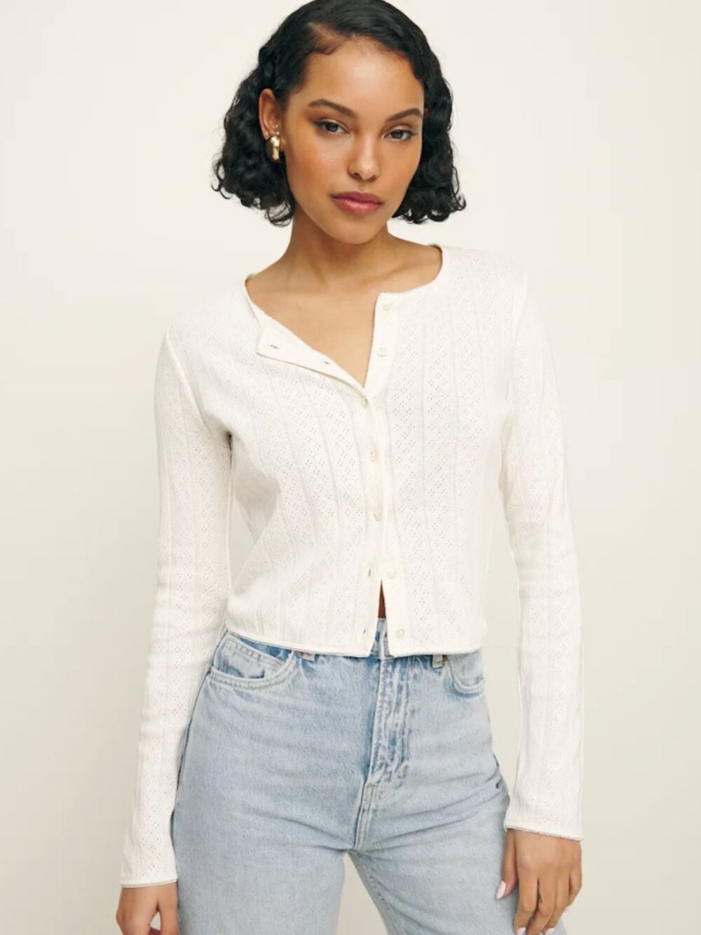 Reformation Ari Pointelle Knit Cardigan Ivory - Size XS